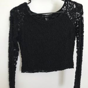 Black Lace Sheer Crop Top Long Sleeve
